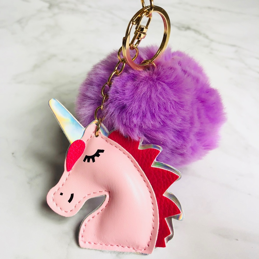 New! Unicorn Faux Fur Pom Pom Keychain Bag Charm - Picture 3 of 5